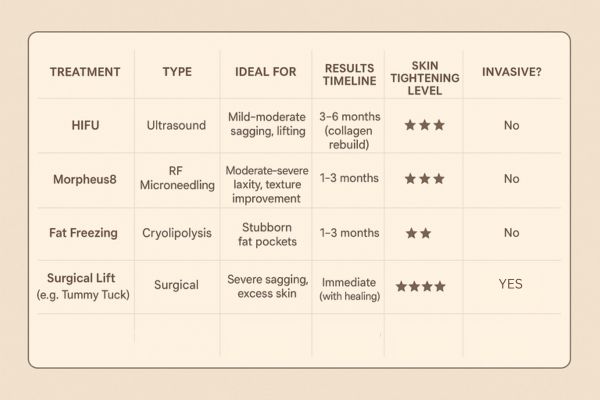 Table showing the comparisons of Skin tightening Willenhall treatment options.